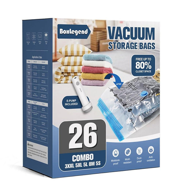 BoxLegend Vacuum Storage Bags with Electric Pump 26 Combo (3X-Jumbo, 5 Jumbo, 5 Large, 8 Medium, 5 Small) Thickened Vacuum Seal Bags for Clothing Space Saving for Coat Quilt Blanket Pillow Comforters