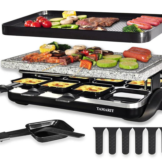 TAMARIT Raclette Table Grill Portable 3 in 1 Korean Barbecue BBQ Grill Electric Indoor Grill with Non-Stick Reversible Grilling Plate & Cooking Stone for Steak 1400W Raclette Grill for 8 Person, Black