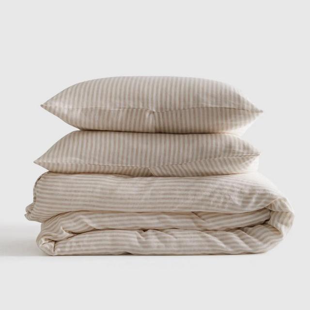 European Linen Stripe King Duvet Cover Set | Natural