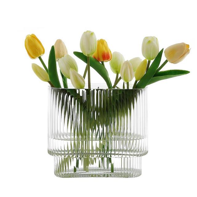 Dinyeo Modern Ribbed Vase Large Glass Fluted Vase Clear for Flower Home Centerpieces Decor