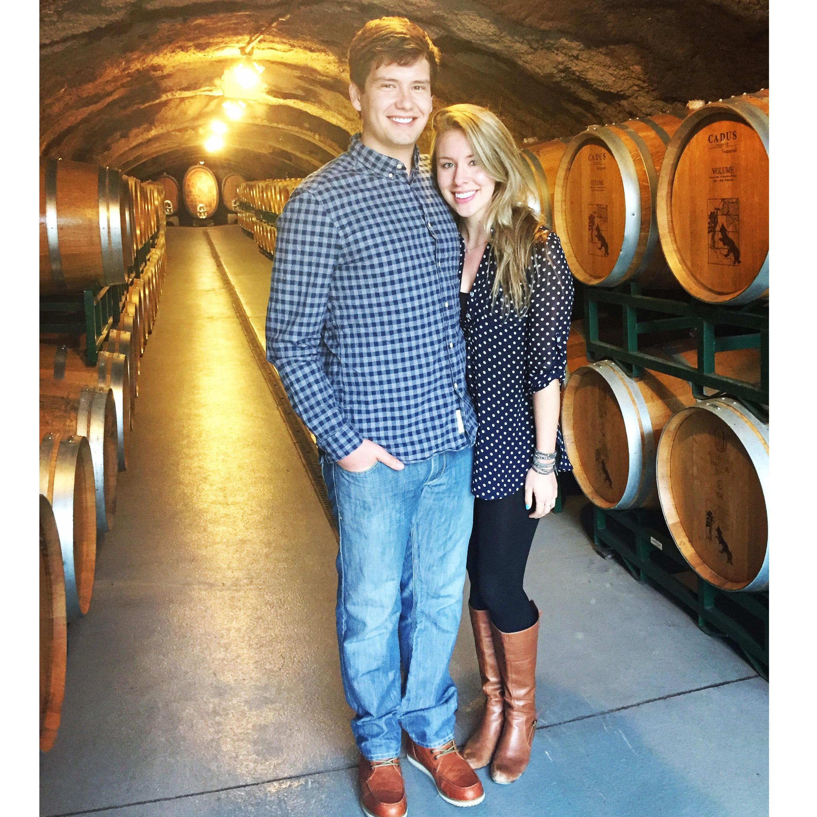 Wine tasting in Napa for Spring Break 2016 - Zach saved one of the bottles they bought and poured it for Lanie on their engagement weekend!