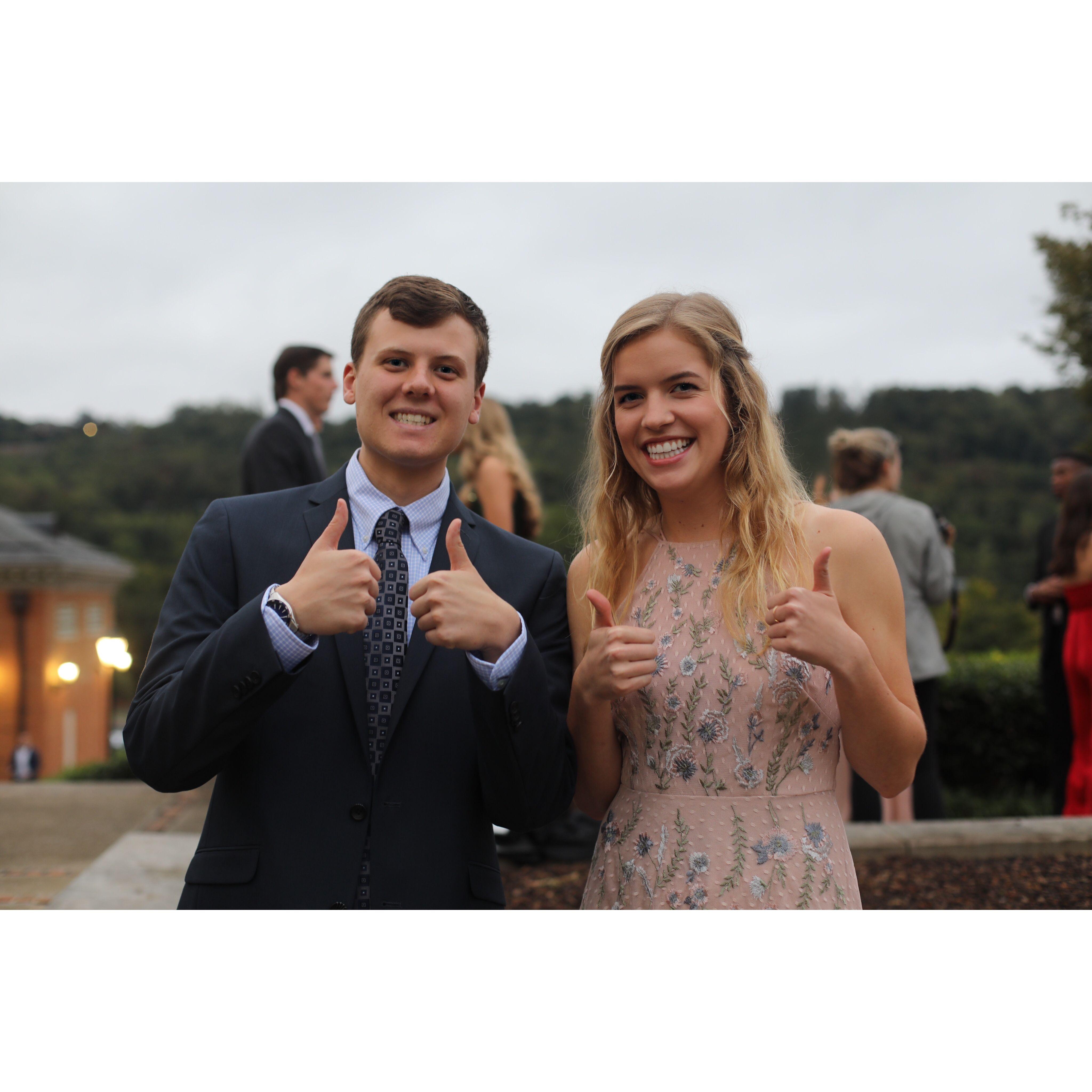 The first of many Carson and Olivia thumbs-up photos. October 2019