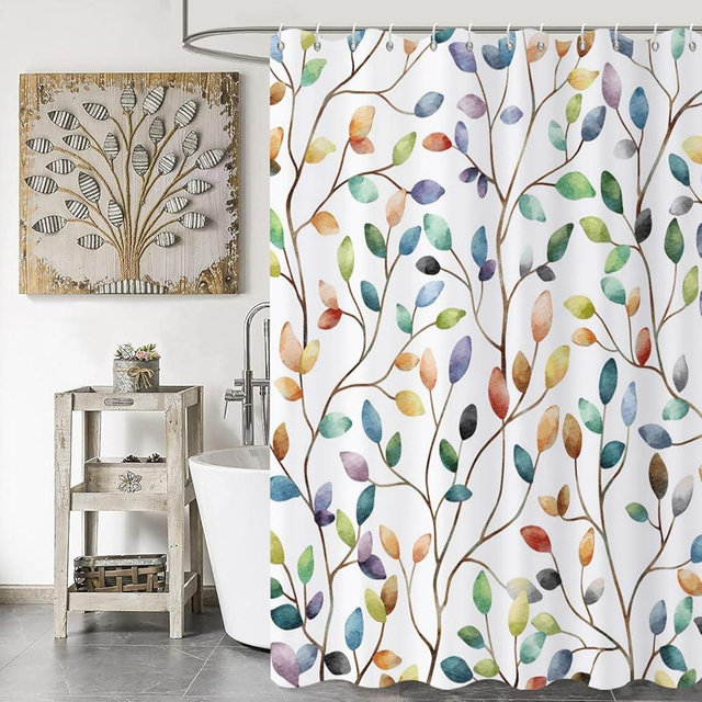 Caheansi Colorful Leaf Shower Curtain, Spring Abstract Watercolor Boho Botanical Floral Leaves Bath Curtain Waterproof Fabric Machine Washable with Hooks, 72" Wx72 L