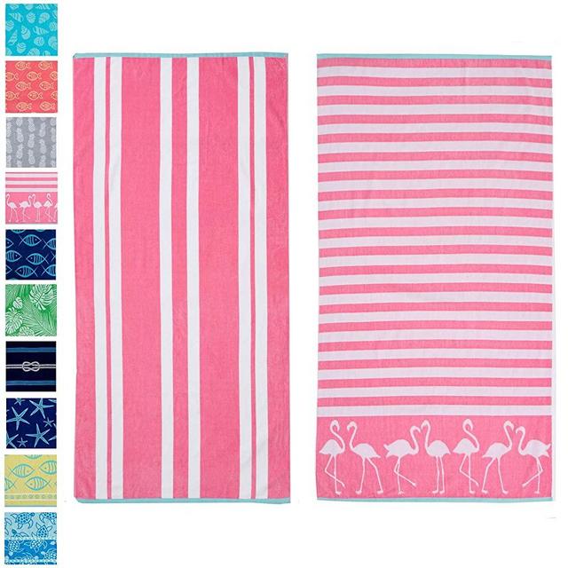 Great Bay Home 2 Pack Plush Maui Flamingo & Stripes Print Beach Towels. 100% Cotton Nautical  Beach Towels, Large Pool Towels. Maui Collection (30”x60”)
