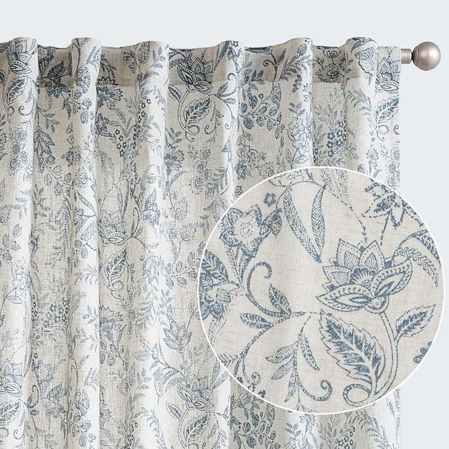 jinchan Floral Linen Curtains for Living Room Blue French Country Farmhouse Curtains 63 Inches Long Light Filtering Kitchen Window Back Tab Semi Sheer 2 Panels Blue on Beige