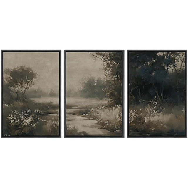 MUDECOR Framed Wall Art Print Set Vintage Landscape Subtle Forest and River in Earthy Tones Illustrations Modern Art Boho Decorative Colorful Chic for Living Room, Bedroom, Office - 24"x36"x3 Black