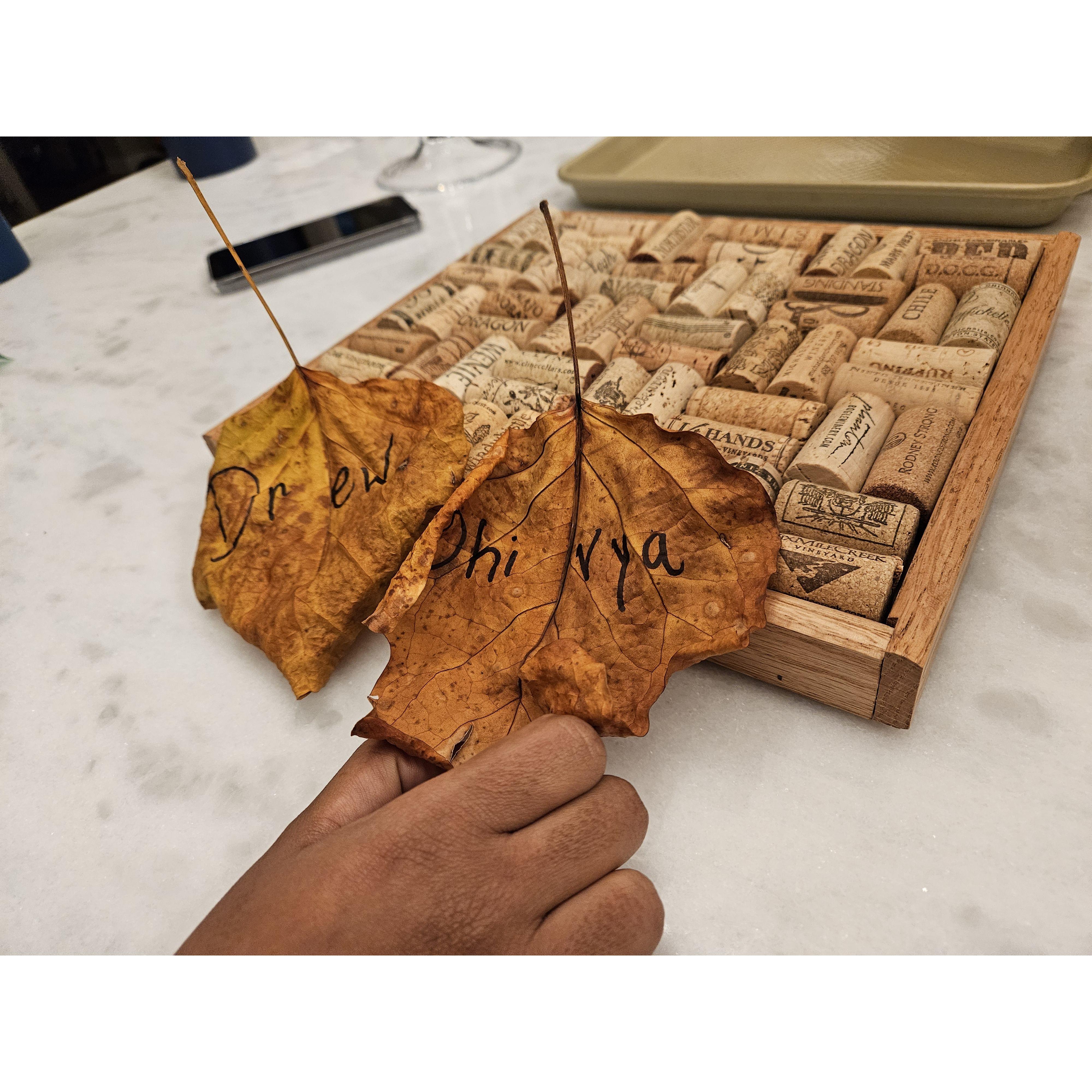 Mom wrote Thanksgiving name "leaves", first seeing our names together!