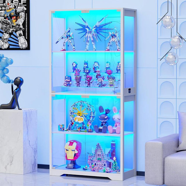 BROTTAR Display Cabinet with Glass Doors, 4-Tier Curio Cabinet with 3 Color Lights for Collectibles, Glass Display Case with Human Body Sensor, Bookcase with 4 Shelves, Storage Cabinets, White