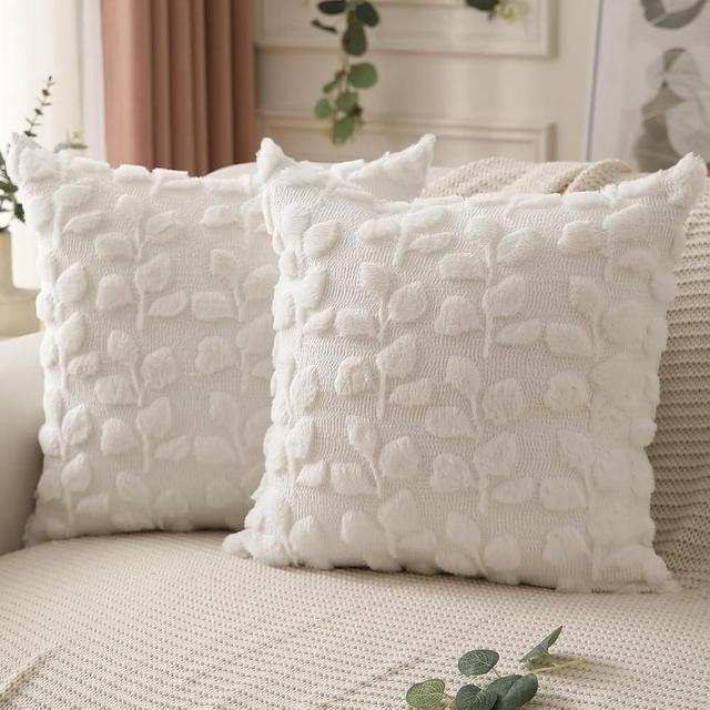 DFXSZ Spring Pillow Covers 18x18 inch Set of 2 Farmhouse Decor Cream White Eucalyptus Leaves Soft Plush Faux Fur Jacquard Spring Summer Throw Pillows for Bedroom Sofa Home Decor PTK023A18