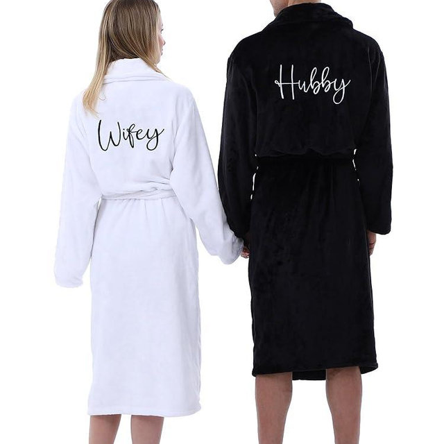 Jecery 2 Pack His and Hers Robes Gifts Hubby Wifey Flannel Embroidered Matching Robes Anniversary Wedding Gifts for Couples