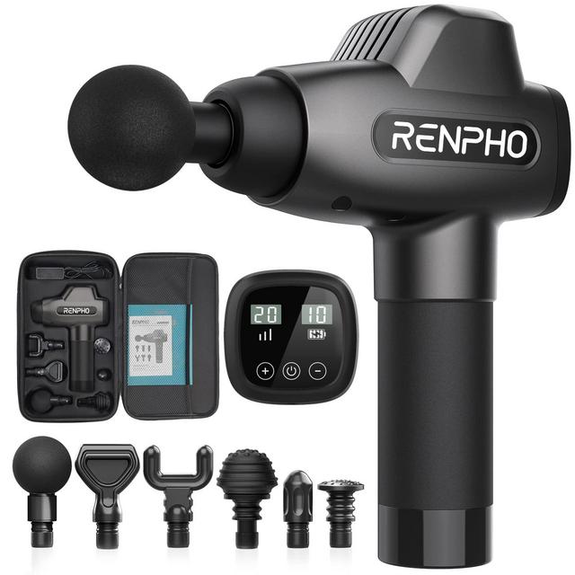 RENPHO Percussion Massage Gun, Professional Powerful Quiet Deep Tissue Massager, 20 Speeds, Electric Massage Gun with Case, 6 Massage Heads for Athletes Relaxation with Exercise Resistance Bands