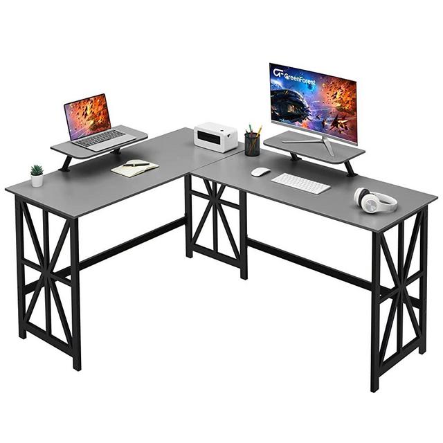 GreenForest Large L Shaped Computer Desk with 2 Removable Shelves,63.8 x 50 inch Corner Computer Desk for Home Office Industrial Heavy Duty Workstation,Grey