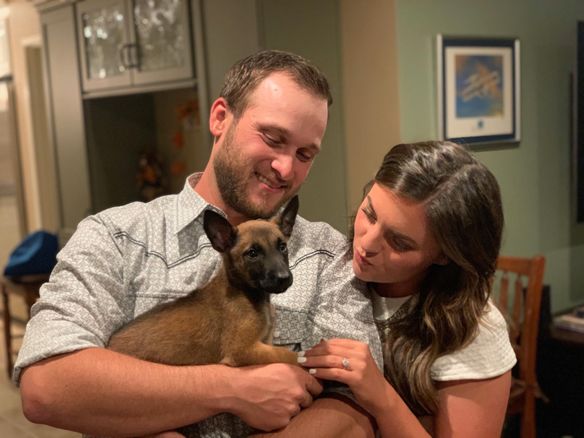 Engagement party with our brand new 8 week old Belgian Malinois pup Riley