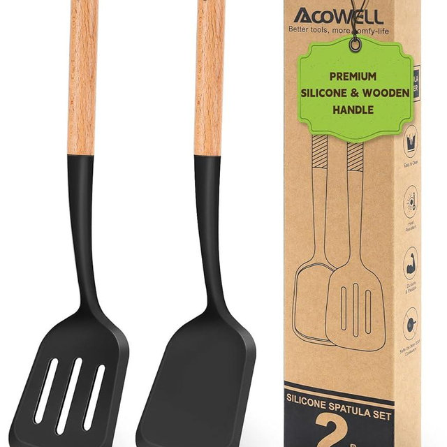 Pack of 2 Silicone Spatula Set with Elegant Wooden Handle, Heat Resistant Solid & Slotted Turner for Non Stick Pans, Great Kitchen Spatulas, Cooking Utensils for Sautéing, Frying, Flipping -Black