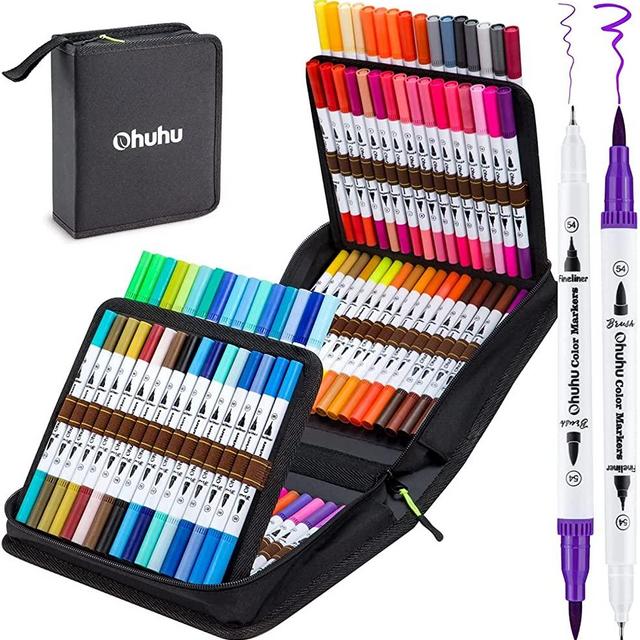 100 Colors Art Markers Set, Ohuhu Dual Tips Coloring Brush Fineliner Color Marker Pens, Water Based Marker for Calligraphy Drawing Sketching Coloring Bullet Journal Christmas Art Supplies Gift