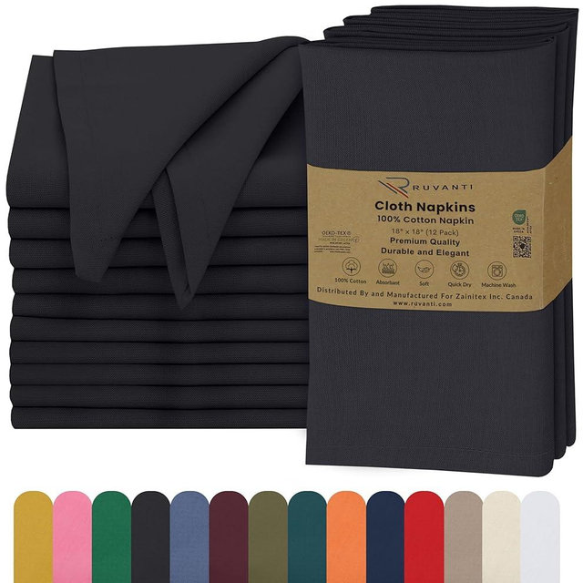 Ruvanti Cloth Napkins Set of 12, 18x18 Inches, 100% Cotton, Washable, Soft & Absorbent, Perfect for Wedding, Christmas, ‎Thanksgiving Dinners - Black Beauty