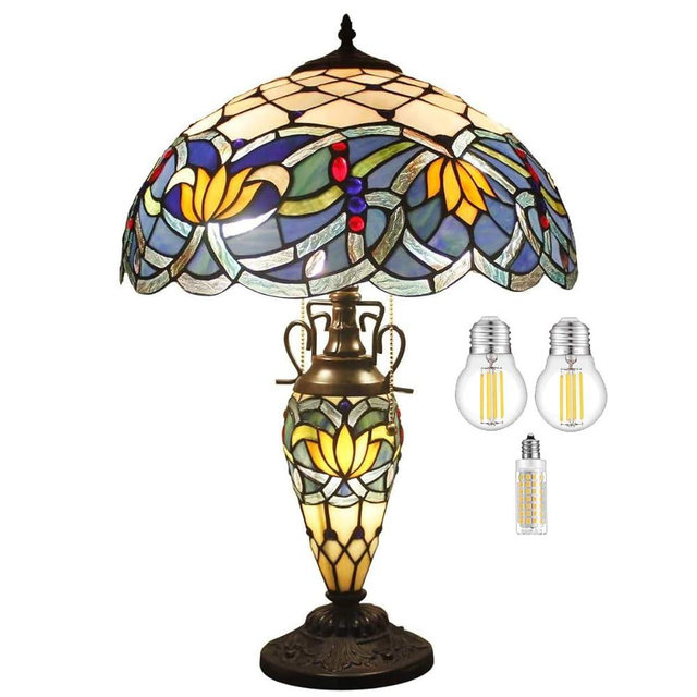 WERFACTORY Tiffany Lamp Blue Stained Glass Lotus Mather-Daughter Vase Table Lamp 16X16X24 Inches Antique Desk Reading Light Decor Bedroom Living Room Home Office S220 Series