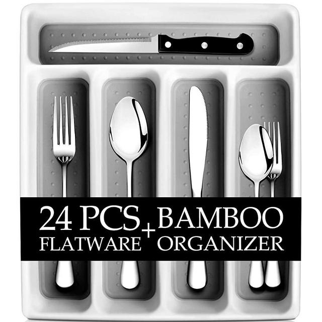 RayPard 24-Piece Silverware Set, Flatware Set Mirror Polished, Dishwasher Safe Service for 4, Include Fork/Spoon with 5-Compartment Non Slip Silverware Drawer Organizer Box Tray