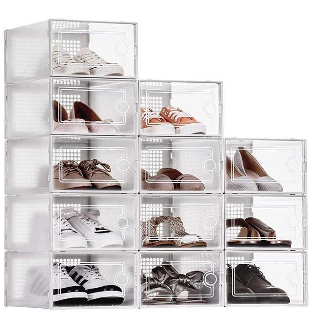 WALL QMER Shoe Boxes Clear Plastic Stackable, 12 Pack Shoe Storage 13 x 9 x 5.5in, Shoe Organizer with Lids, Sturdy, Easy to Install, Front Opening Shoe Holder Containers, Storage Box for Multi-use