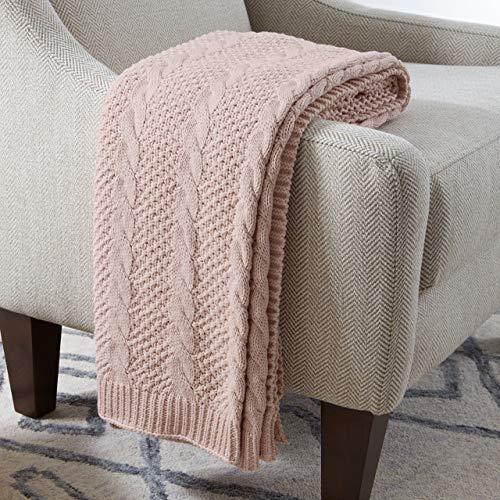 Stone & Beam Transitional Chunky Cable Knit Throw Blanket 100% Cotton, Blush