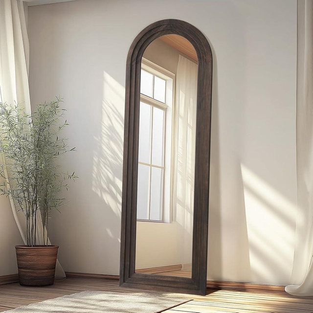 MELOMOIR Arched Full Length Mirror with Solid Wood Frame, 64"x21" Rustic Farmhouse Floor Mirror with Stand, Free Standing Leaning Hanging, for Bedroom Living Room Dressing Room Entryway, Brown