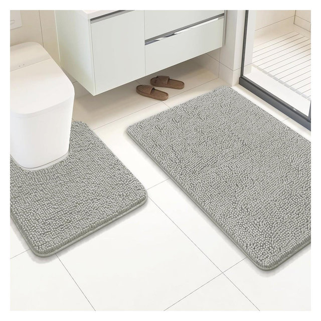 Home Mart Goods 2 Piece Set Light Grey Soft Cozy Plush Chenille Bath Mat Bathroom Rug