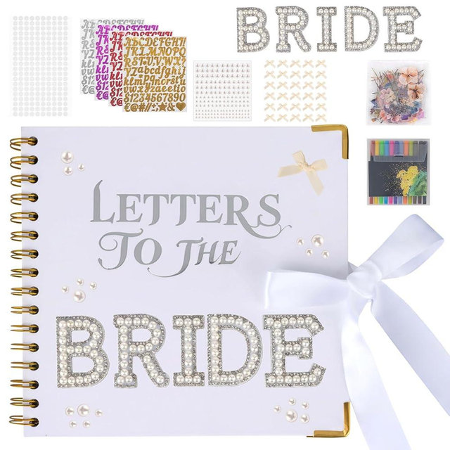 SnowCow 452 PCS Letters to The Bride Scrapbook Kit, 8.3 x 8.3 Inch Wedding Memory Book with Pen, Pearl Stickers, Metallic Letters, Bows for Bridal Shower Guest Book DIY