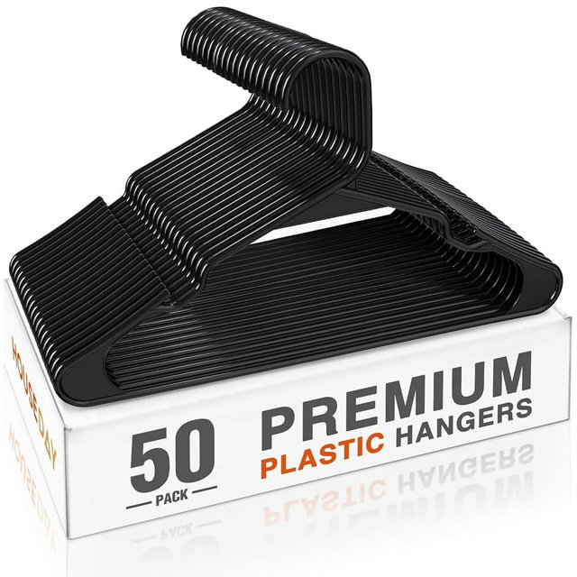 HOUSE DAY Plastic Hangers 50 Pack - Black Clothes Hangers with Non-Slip Shoulder Grooves, Durable and Sturdy Coat Hanger, Space Saving Slim Design Perfect for Closet Organizers and Storage
