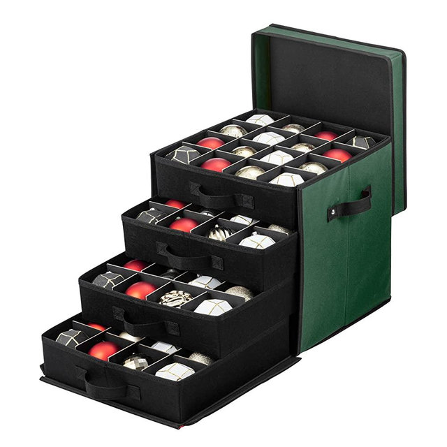 Zober Premium Large Christmas Ornament Storage Box, with Side Open, Drawer Style Trays - 3" Compartment, 4 Trays, Keeps 64 Holiday Ornaments & Xmas Accessories, Storage Container Made of 600D Oxford Fabric