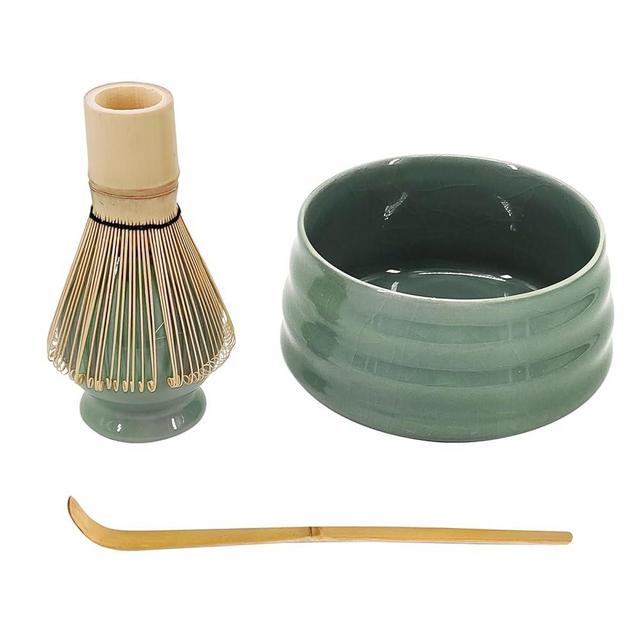 Japanese Matcha Tea Set, Unique Matcha Set - Crackle Texture Green Matcha Bowl Green Whisk Stand Matcha Whisk, Traditional Scoop, Perfect Ceremony Start Up Set to Prepare an Authentic Cup of Matcha