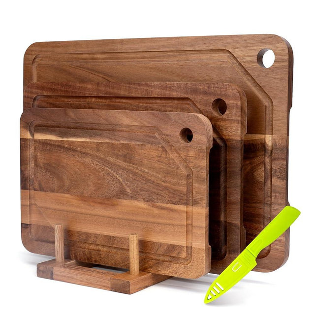 Wood Cutting Board For Kitchen, Acacia Wood Cutting Board Set of 3 with Juice Groove, Double-Sided Chopping Board Serving Board with Hanging Hole for Meat, Vegetables and Cheese