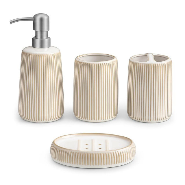 vancasso Ceramic Bathroom Accessories Set 4 Piece, Soap Dispenser with Stainless Steel Pump, Toothbrush Holder, Tumbler and Soap Dish, Modern Relief Design, Bathroom Decor Organizer, Beige-White