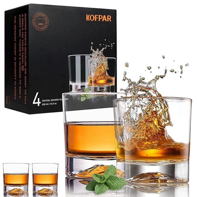 KOFPAR Whiskey Glasses, Set of 4 Crystal Whiskey Glasses, 10.5 Oz Bourbon Style Glassware, Scotch Rum Bar Whiskey Glass, Party Bar Supplies, Perfect for Dad, Father, Husband Holiday or Birthday Gift