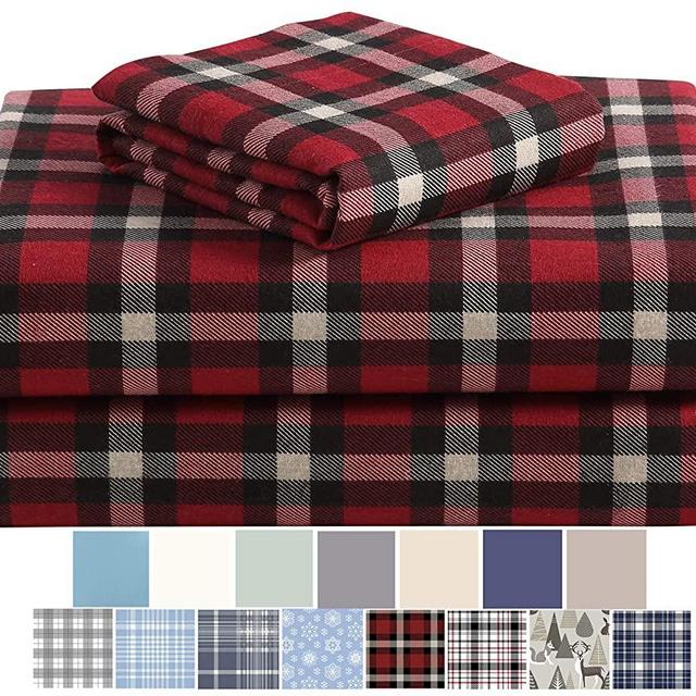 Morgan Home Fashions Cotton Turkish Flannel Sheets 100% Brushed Cotton for Supreme Comfort - Deep Pockets - Warm and Cozy, Great for All Seasons (Dover Plaid Red, King)