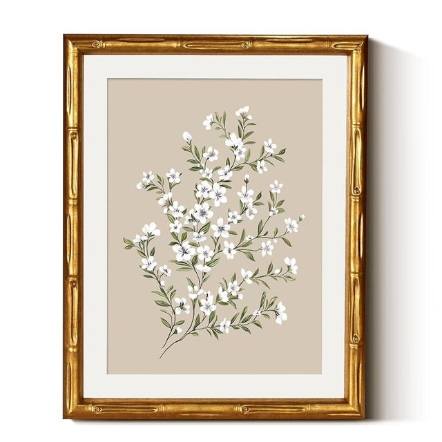 Framed White Flower Canvas Print Wall Art, Minimalist Botanical Beige Background Blossom Floral Artwork, 11x14 Gold Bamboo-Textured Frame Clear Acrylic Cover Farmhouse Bedroom Offices Decor