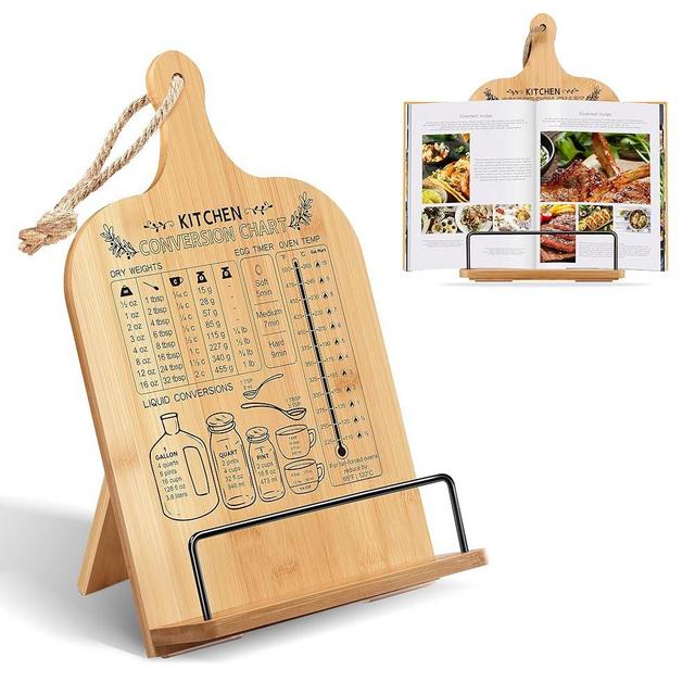Cookbook Stand for Kitchen Counter Bamboo Recipe Book Holder with Conversion Chart Adjustable Non Slip Cookbook Holder Kitchen Gifts for Women Gifts for Housewarming Christmas Retirement Wedding