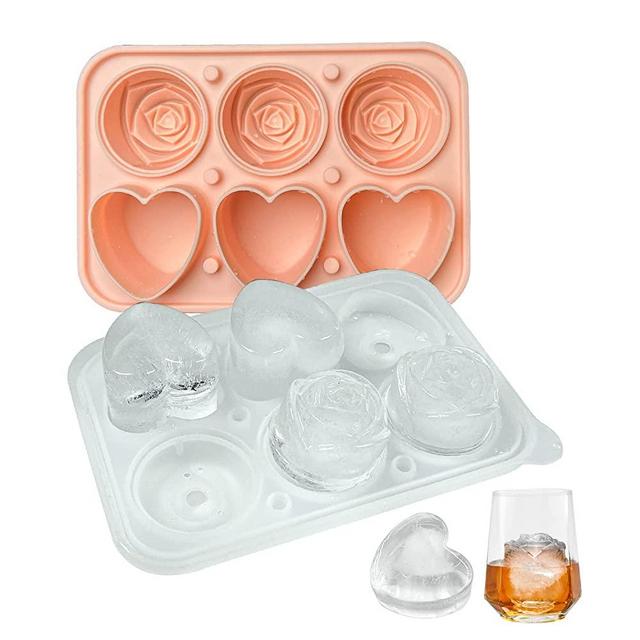 Rose Ice Cube Mold, Heart Shape Ice Cube Tray, Silicone Ice Mold with Clear Funnel-type Lid, 3 Heart & 3 Rose Shape Ice Balls for Chilling Whiskey Cocktails Drinks, Pink