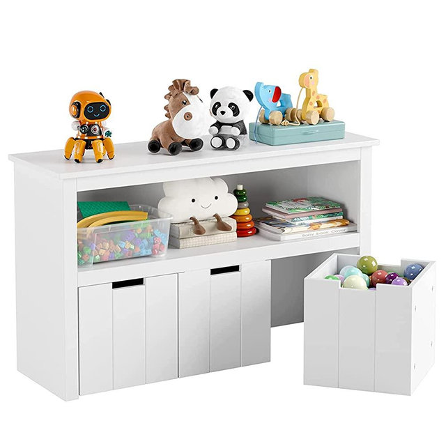 FOTOSOK Storage Cabinet with 3 Movable Drawers, Floor Organizer Bins with Hidden Wheel & Large Open Shelf, Organizer Chest for Playroom and Bedroom, White