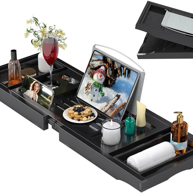 Bathtub Caddy Tray for Tub,Foldable Bath Table Trays,Bamboo Shelf with Book and Wine Glass Holder,Bathroom Accessories Suitable for Luxury Spa or Reading,Black