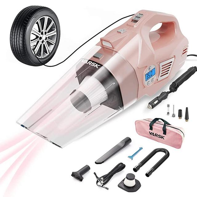 VARSK 4-in-1 Car Vacuum Cleaner, Tire Inflator Portable Air Compressor with Digital Tire Pressure Gauge LCD Display and Light, 12V DC, 15FT Cord, Pink Car Accessories for Women, Birthday Gifts for Her