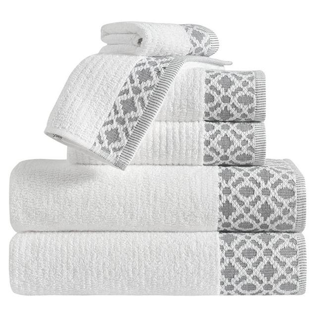 100% Turkish Cotton Luxury Towel Set | Super Soft and Highly Absorbent | Textured Dobby Border | 550 GSM | 2 Bath Towels, 2 Hand Towels, & 2 Washcloths | Nitra Collection (White / Dark Grey)