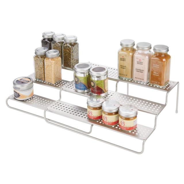 mDesign Adjustable, Expandable Kitchen Wire Metal Storage Cabinet, Cupboard, Food Pantry, Shelf Organizer Spice Bottle Rack Holder - 3 Level Storage - Up to 25 Wide, Matte Satin