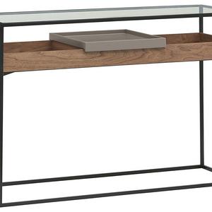 Rivet King Street Industrial Cabinet Media Console Table With Functional Storage, Walnut, Black Metal, Glass