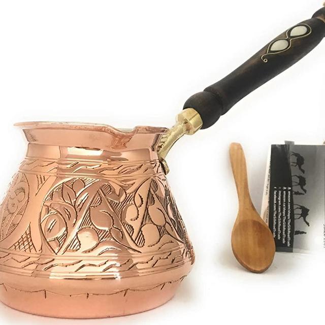 The Silk Road Trade - ACI Series (Large) - Thickest Solid Engraved Copper Turkish Greek Arabic Coffee Pot with Wooden Handle / Stovetop Coffee Maker, Jazzve, Cezve, Ibrik, Briki, Café Turco (18 fl oz)
