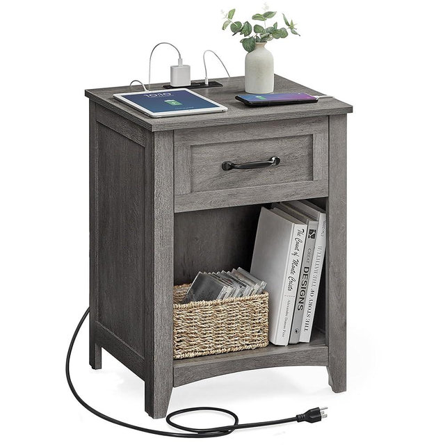 VASAGLE Farmhouse Nightstand with Charging Station, Bedside Table with Drawer, Open Compartment, Side Table with Storage, for Bedroom, Misty Gray ULET659G68