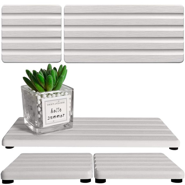 ZumenDa Set of 3 Diatomite Hand Soap Holder, Water Absorbing Stone Tray for Kitchen Countertop, Fast-Drying Bathroom Trays(1pcs 20 x 10cm + 2pcs 10 x 10cm White)
