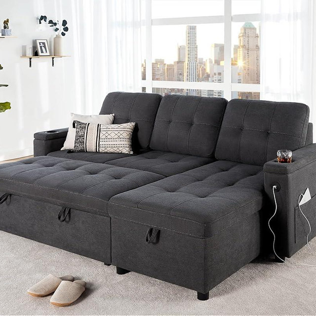 VanAcc Sleeper Sofa, Pull Out Couch Bed with USB Charging Port & Cup Holders, L-Shaped Sectional Couch with Storage Chaise, Comfy Couch for Living Room (Dark Grey)