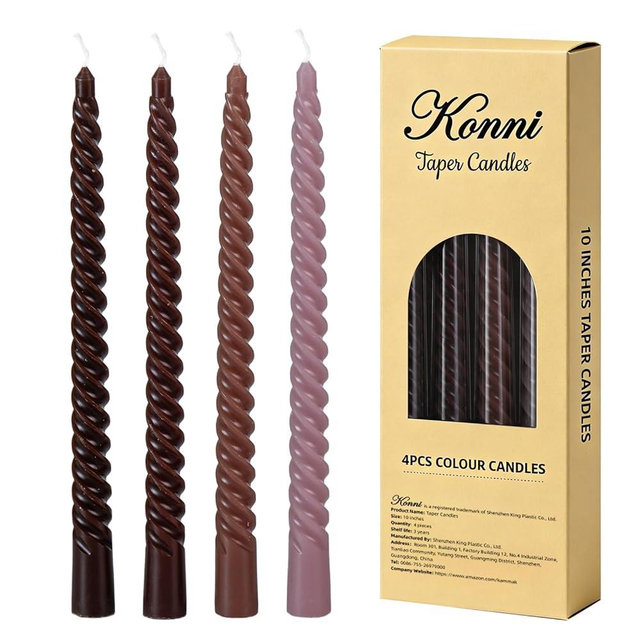 Coffee Spiral Taper Candles, 10 inch Gradient Twisted Candles,4 Pack Unscented and Smokeless Long Burning Candles with Cotton Wicks,Tall Candlesticks,Ideal for Weddings, Dinner Parties, and Home Décor