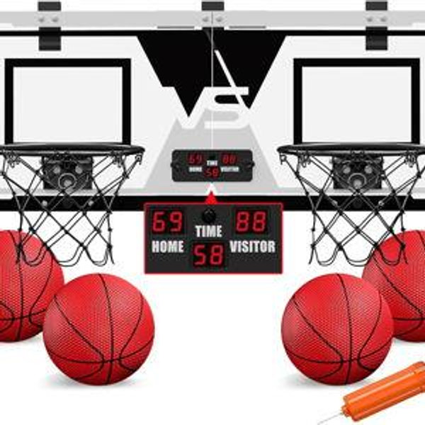 2 Player Basketball Game, Dual Shot Over The Door Mini Basketball Hoop Indoor with Scoreboard, Basketball Toy Gifts for Kids Boys Girls Adults, Suit for Bedroom/Office/Outdoor/Pool, Black