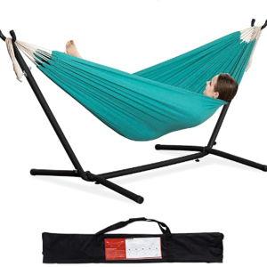 PNAEUT Double Hammock with Space Saving Steel Stand 2 Person Heavy Duty Garden Yard Outdoor 450lb Capacity Hammocks and Portable Carrying Bag (Aqua)